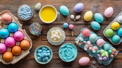 Vibrant Easter eggs and candies artfully arranged on rustic wooden background for festive celebrations