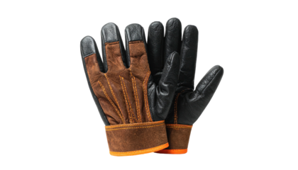 Work gloves, leather and suede, two hands, brown, black, isolated on black
