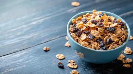 Cereal bowl with raisins on wooden table