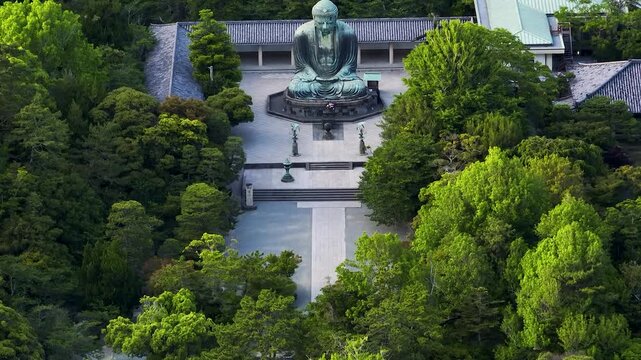 Aerial view of the Great Buddha statue, surrounded by lush green trees, casting a serene and majestic presence in Kamakura, Tokyo, Japan.