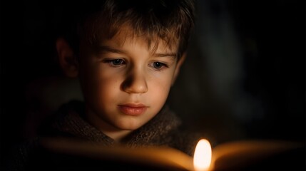 A young boy engrossed in reading a book by the soft warm light of a candle