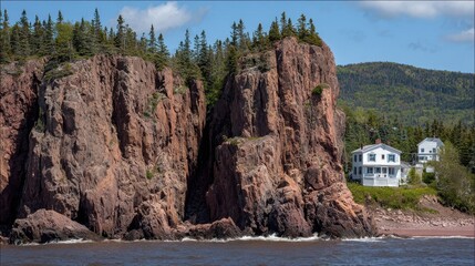 Dramatic cliffs meet the ocean in this idyllic seascape, with charming houses nestled by the shore. Trees crown the rugged rocks.