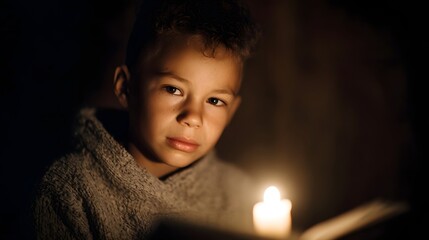 A young boy reads a book by candlelight in a dimly lit room conveying a mood of quiet learning and contemplation