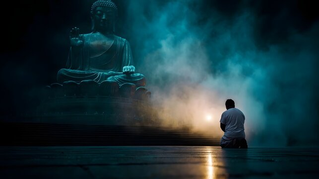 A devotee kneels in reverence before a majestic Buddha statue bathed in mystical fog and warm temple light - Powered by Adobe