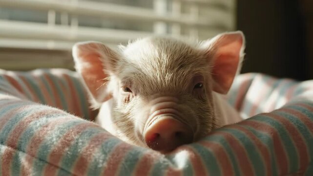 Adorable Potbelly Piglet Rests Peacefully in Cozy Bed Near Window During Daytime