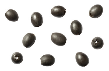 Pitted black olives isolated on white background, top view.