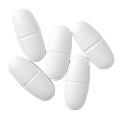 White oval pills isolated on white background, top view.