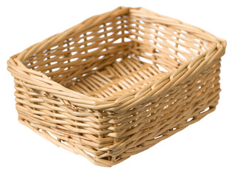 Handmade wicker basket isolated on white background.