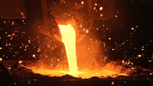 Pouring Molten Metal With Orange Sparks From Ladle Into Industrial Container in Dark Atmosphere Heavy Industry Production Process in a Metallurgy Facility Steel Mill Bright Glow