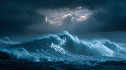 Fototapeta premium Dramatic ocean waves crash under stormy skies, showcasing nature's raw power and beauty.