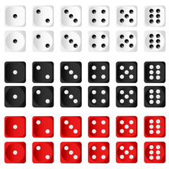 Vector set of white and black dice icons, close-up. Gambling dice. Concept for casinos and other games. Element for your design.