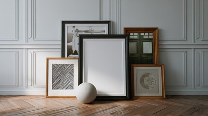 Elegant gallery wall scene featuring different frame styles and vintage aesthetic to showcase artistic vision.
