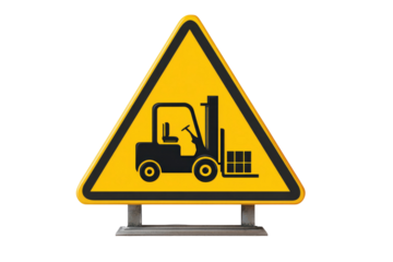 Yellow triangular warning sign with black forklift icon, cautioning about industrial vehicles or material handling equipment operations. background removed