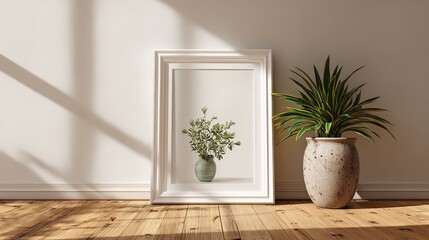 Minimalist interior decor featuring a framed botanical print and a potted plant, illuminated by natural light