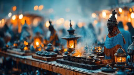 An atmospheric scene featuring glowing lamps and a figure in traditional attire, creating a sense of mystery and cultural richness.