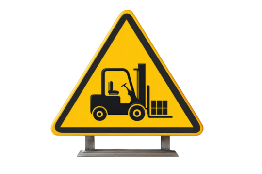 Yellow triangular warning sign with black forklift icon, cautioning about industrial vehicles or material handling equipment operations. background removed