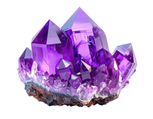 A cluster of faceted purple crystals sparkles against a black background