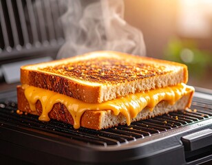 Grilled cheese sandwich being pressed in a panini maker, golden crust forming, cheese melting