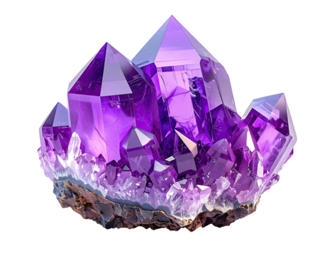 A cluster of faceted purple crystals sparkles against a black background
