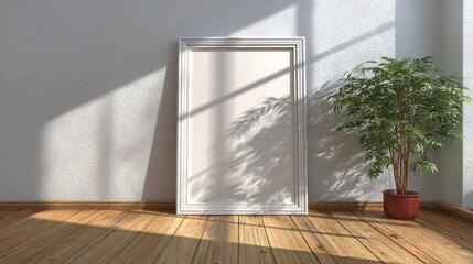 Minimalist interior mockup with frame and plant in sunlight, displaying modern art or poster.