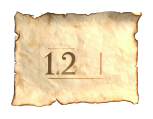 Aged parchment paper with a partially burnt edge, featuring the text "1.2