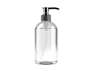 Clear, oval bottle with silver pump dispenser, containing transparent liquid