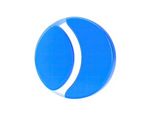 A blue 3D circular emblem with a crescent and an oval cutout