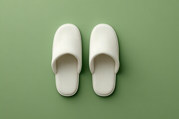 Minimalist Flat Lay: Two Elegant White Slippers on Light Green Background Evoking Comfort
