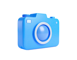 3D rendering of a light blue, minimalist camera with a focus ring