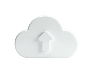 A white 3D cloud icon with an upward arrow, set against a stark black background