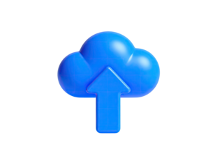 3D blue cloud icon with an upward arrow, isolated on a black background