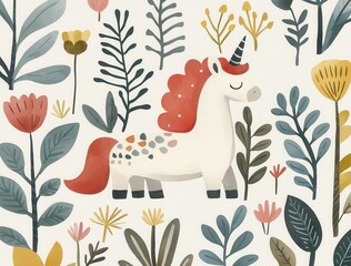 Obraz premium Colorful Unicorn Surrounded by Floral Elements and Leaves