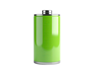 Cylindrical, green battery with chrome-like top and bottom, on a black background