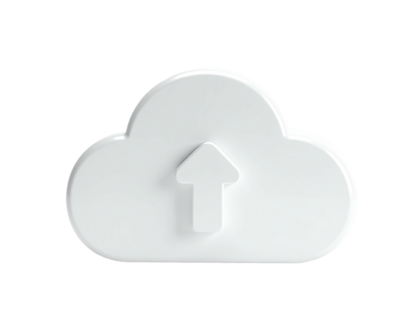 A white 3D cloud icon with an upward arrow, set against a stark black background