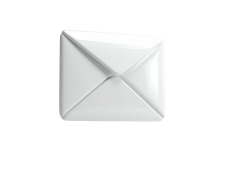 Glossy, white envelope symbol on a black background, simple design, angled light
