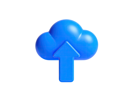 3D blue cloud icon with an upward arrow, isolated on a black background