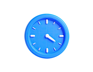 A 3D rendered clock icon in a bright blue hue, against a stark black backdrop
