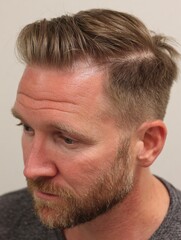 Obraz premium Portrait of a Man With Stylish Haircut Showcasing a Blend of Modern and Classic Grooming Techniques in a Neutral Backdrop