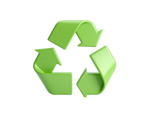 Glossy, 3D rendered green recycling symbol on a stark, black background