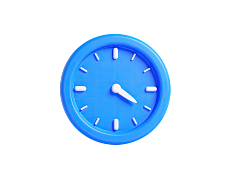 A 3D rendered clock icon in a bright blue hue, against a stark black backdrop