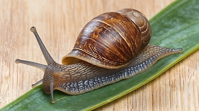Detailed close up of a snail on a green leaf against wood background