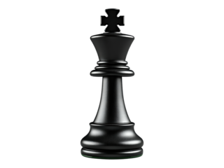 Solo black king chess piece standing centered on transparent backdrop game strategy concept