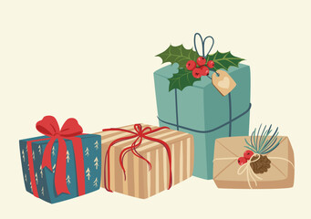 Christmas gift boxes. Wrapped xmas gifts, winter holidays surprises. Birthday or xmas gift boxes flat vector illustration set