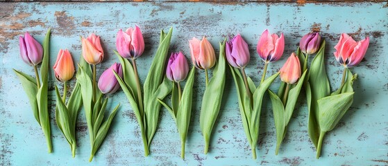 Colorful tulips flat lay on rustic blue wood background for spring concept
