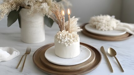 Elegant minimalist birthday cake decorated with candles and natural elements