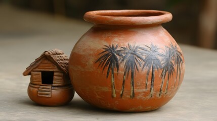 Earthen Pot with Palm Tree design and a clay hut for decoration concept