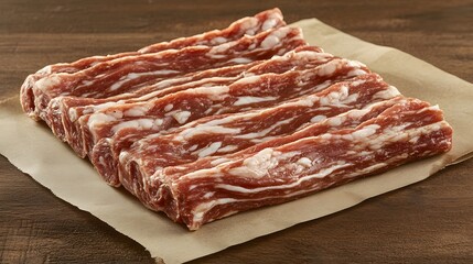 Raw uncooked beef short ribs on brown paper, a culinary delight