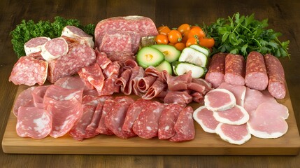 Delicious charcuterie board featuring assorted cured meats and fresh vegetables
