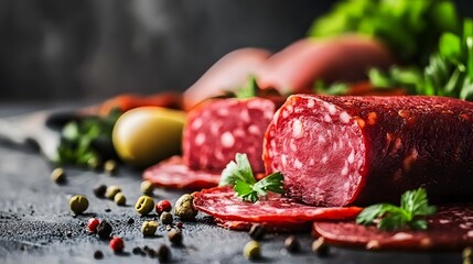 Slices of salami sausage with herbs and pepper for delicious food background