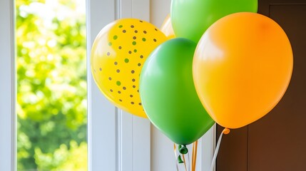 Colorful balloons festive yellow green orange near window decoration